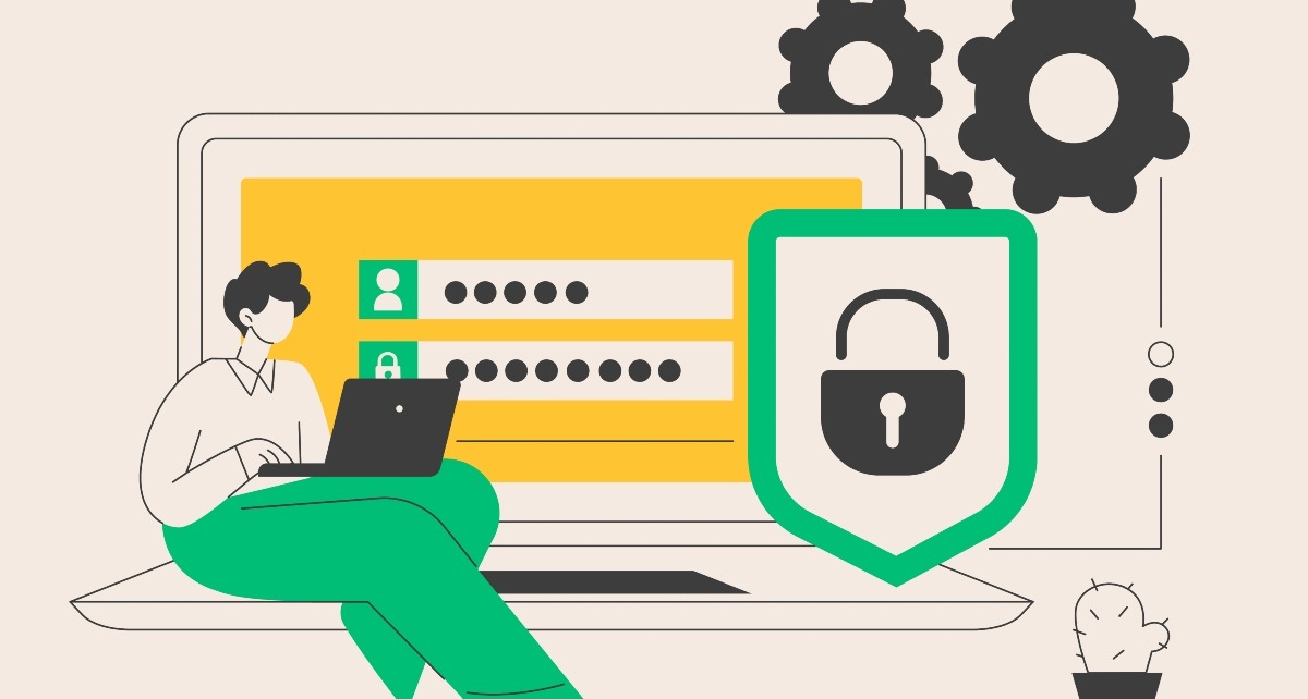 Ciberseguridad en Black Friday y Navidad: Cómo las empresas pueden salvaguardar sus operaciones y la confianza del cliente una ilustración de un hombre con su ordenador y el símbolo del candado junto a las casillas de login en una web