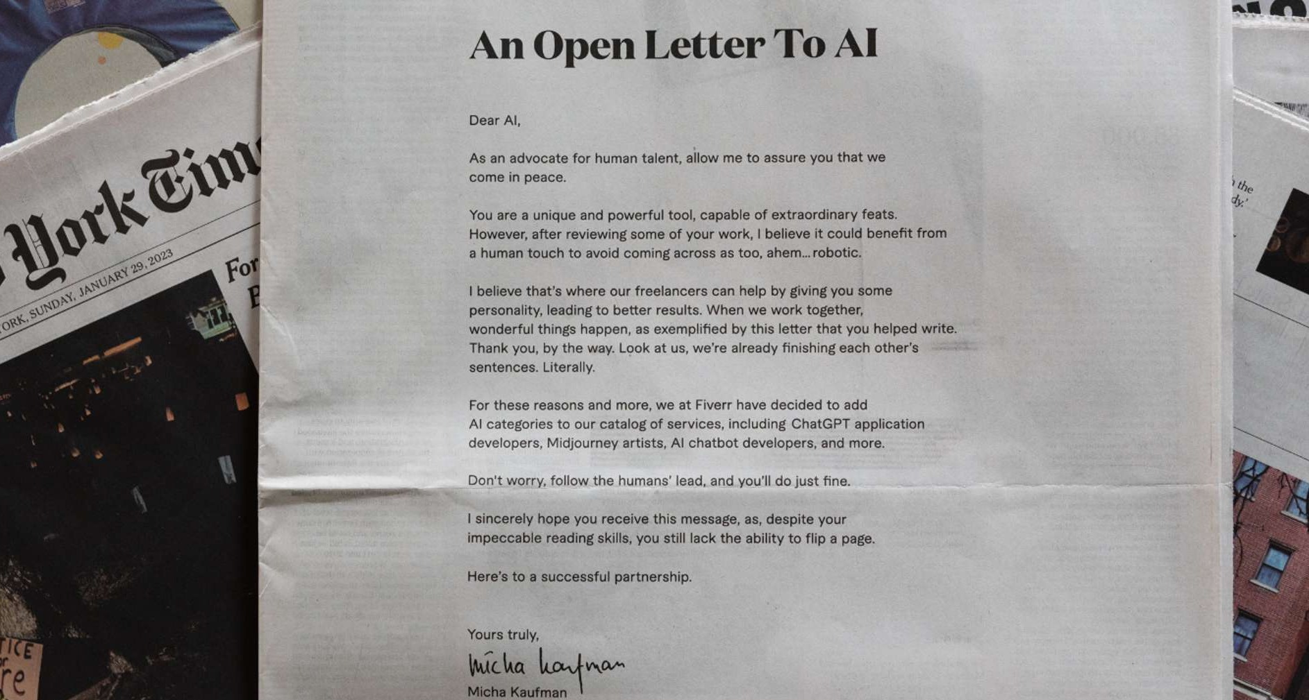 “No te preocupes, sigue el ejemplo de los humanos y te irá bien”. El CEO de Fiverr le escribe una carta tranquilizadora a la inteligencia artificial Fiverr_Carta_IA